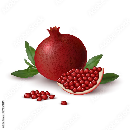 Isolated slice of ruby colorful pomegranate and whole round fruit with green leaf on white background. Realistic colored juicy pomegranate with red seeds.