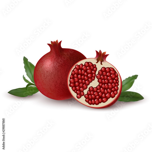 Set of pomegranate. Isolated half of ruby colorful pomegranate and whole round fruit with green leaf on white background. Realistic colored juicy slice of pomegranate with red seeds.