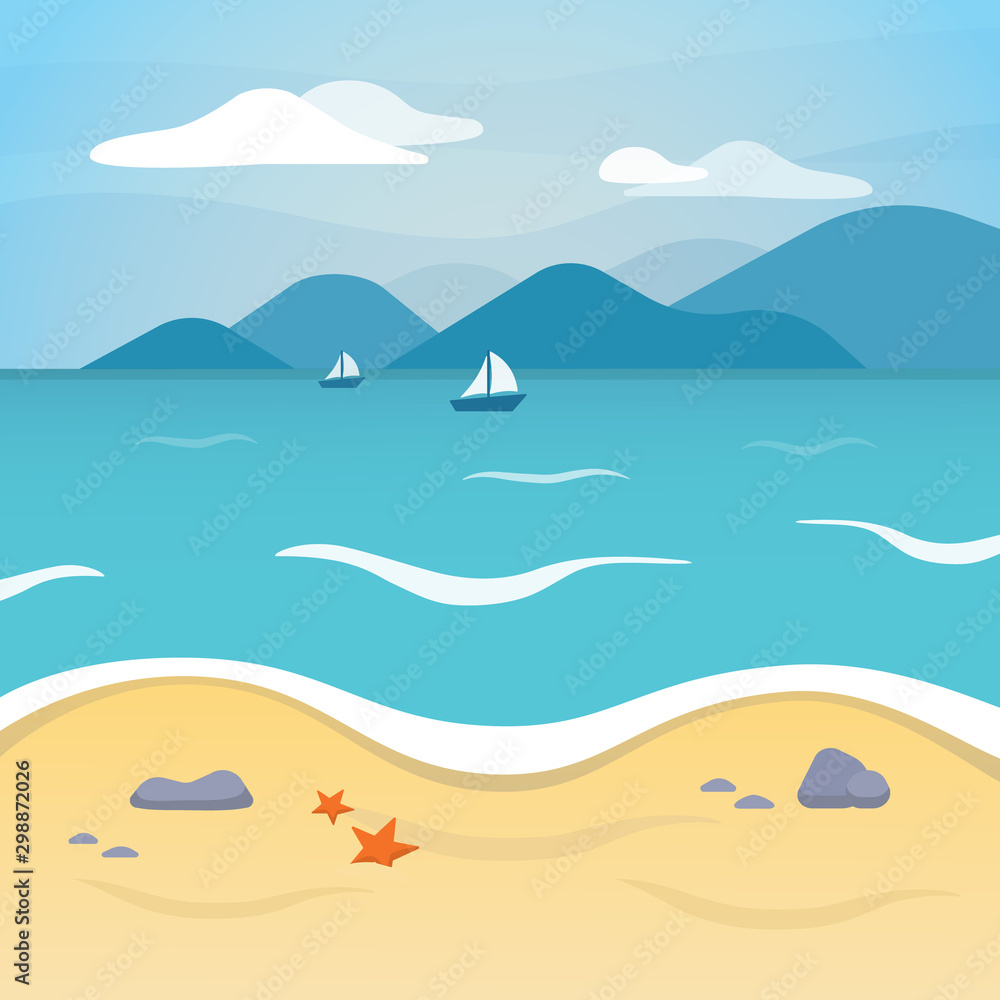 Cartoon Beach Sea Landscape Background Scene. Vector