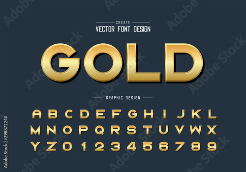 Gold font and alphabet vector, Golden bold typeface letter and number design