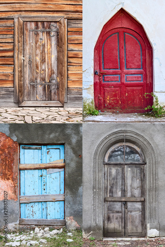 Set of closed and boarded up old doors in abandoned Ukrainian historical mansions subjected to the ravages of time, closeup, vertically, in Ukraine