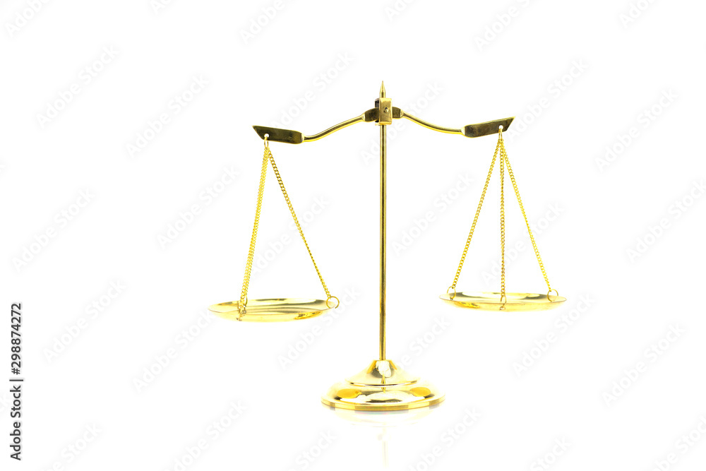 Gold justice balance scale isolated on white background.lawyer concept Gold justice balance scale isolated on white background.lawyer concept