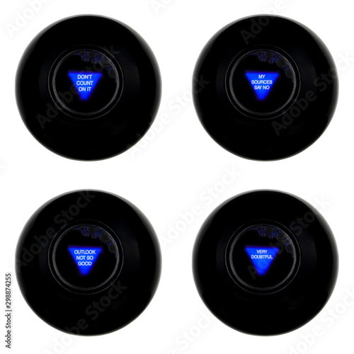 Set of four magic 8 balls with negative predictions isolated on white background