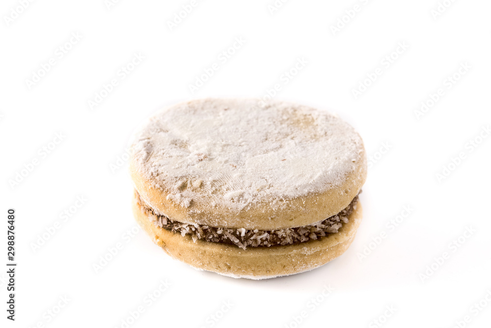 Traditional Argentinian alfajores with dulce de leche and sugar isolated