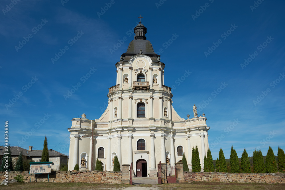 Roman Catholic Church of Holy Trinity in Mykulyntsi, Ternopil Oblast, Ukraine, 49.39972, 25.60621. Stone religious building of Christian Cathedral of baroque style.
