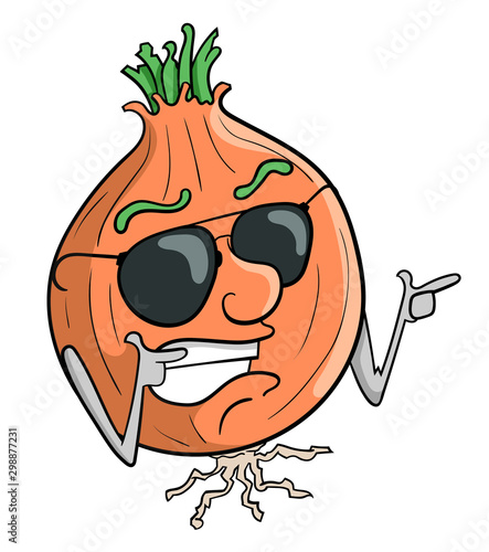 Cartoon illustration of a cool cartoon onion character with sunglasses on its face