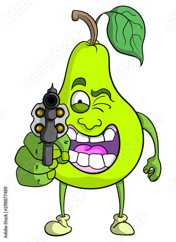 Cartoon pear character with a crazy expression holding and pointing a gun at the camera