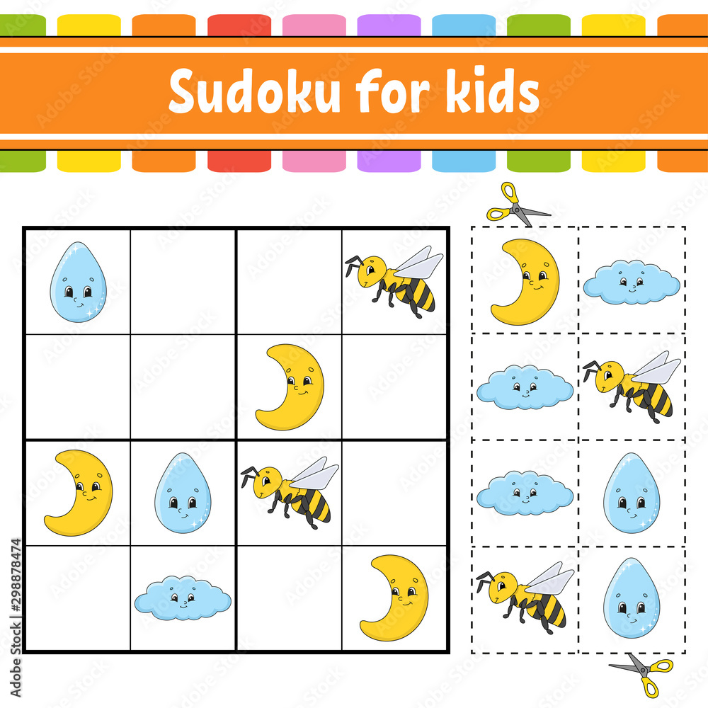 Sudoku for kids. Education developing worksheet. Activity page with pictures. Puzzle game for children. Logical thinking training. Isolated vector illustration. Funny character. Cartoon style. Sudoku for kids. Education developing worksheet. Activity page with pictures. Puzzle game for children. Logical thinking training. Isolated vector illustration. Funny character. Cartoon style.
