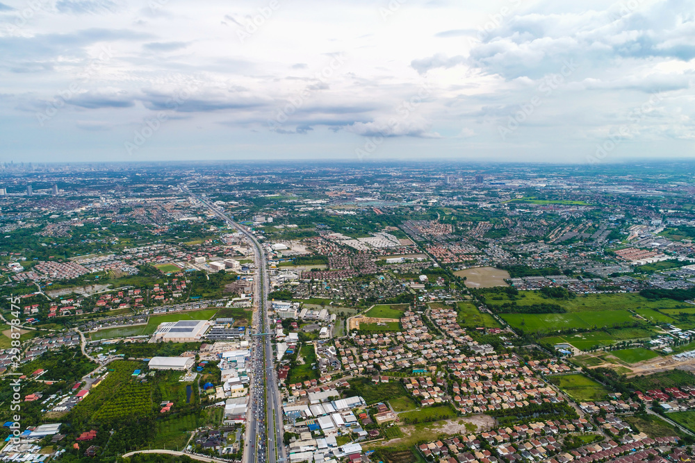 Aerial view intersection road in rural city