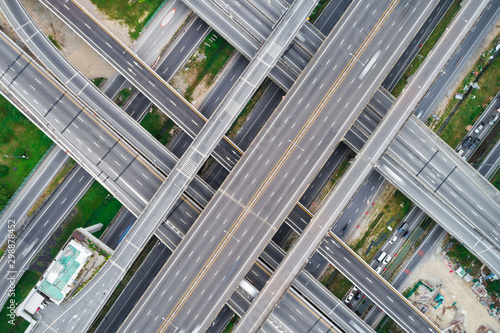 Intersection city road look down view with car and vehicle movement