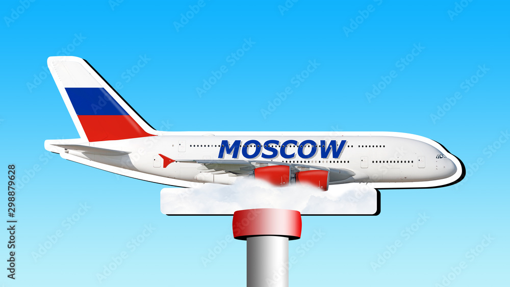 Fototapeta premium Modern airplane sign in Russia flag colors with Moscow lettering on aircraft body flying isolated on blue sky background wide banner side view of plane. Air travel symbol world city destination flight