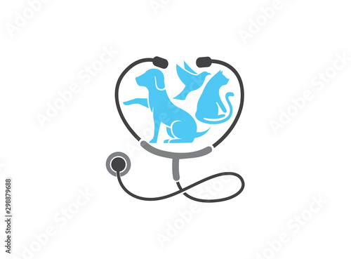 veterinary stethoscope with dog, cat and bird logo design illustration on white background