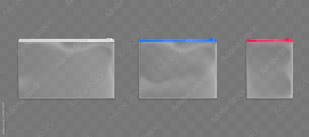 Φωτογραφία Plastic zip bags set, empty pouches of white, red and blue zipper color isolated on transparent background
