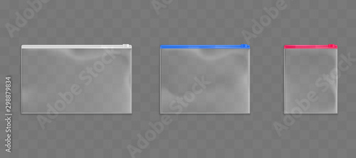 Plastic zip bags set, empty pouches of white, red and blue zipper color isolated on transparent background. Waterproof dispasable blank packages mock up. Realistic 3d vector illustration, clip art