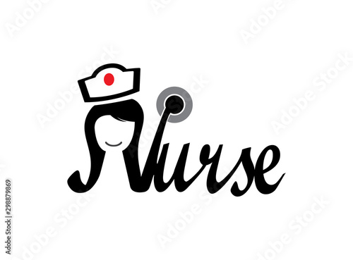 Nurse font with a stethoscope and hat logo design illustration on white background