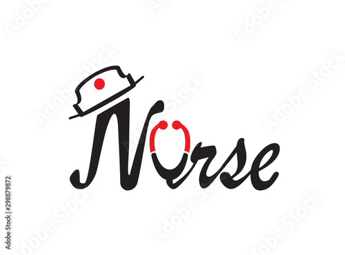 Nurse font with a stethoscope and hat logo design illustration on white background