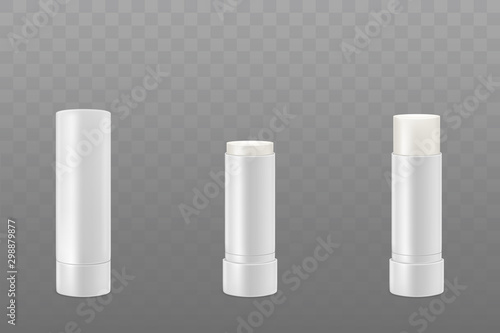 Lip balm sticks or hygienic lipstick cosmetic packaging set. White blank closed and opened tubes isolated on transparent background. Design template mockup. Realistic 3d vector illustration, clip art