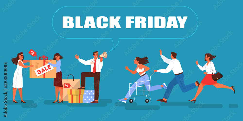 Vector Illustration for Black Friday. People running fast for sale.