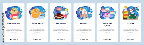 Mobile app onboarding screens. Breakfast food, doner, pancakes, brownie cake, sushi. Menu vector banner template for website and mobile development. Web site design flat illustration