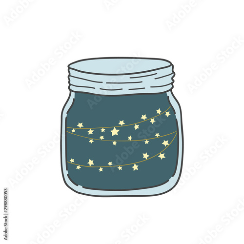 Jar with the stars. Vector doodle style doodle. Festive fashion design