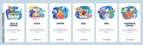 Mobile app onboarding screens. Cooking salad, food scale, apron, steak grill, chopping board, bbq. Menu vector banner template for website and mobile development. Web site design flat illustration