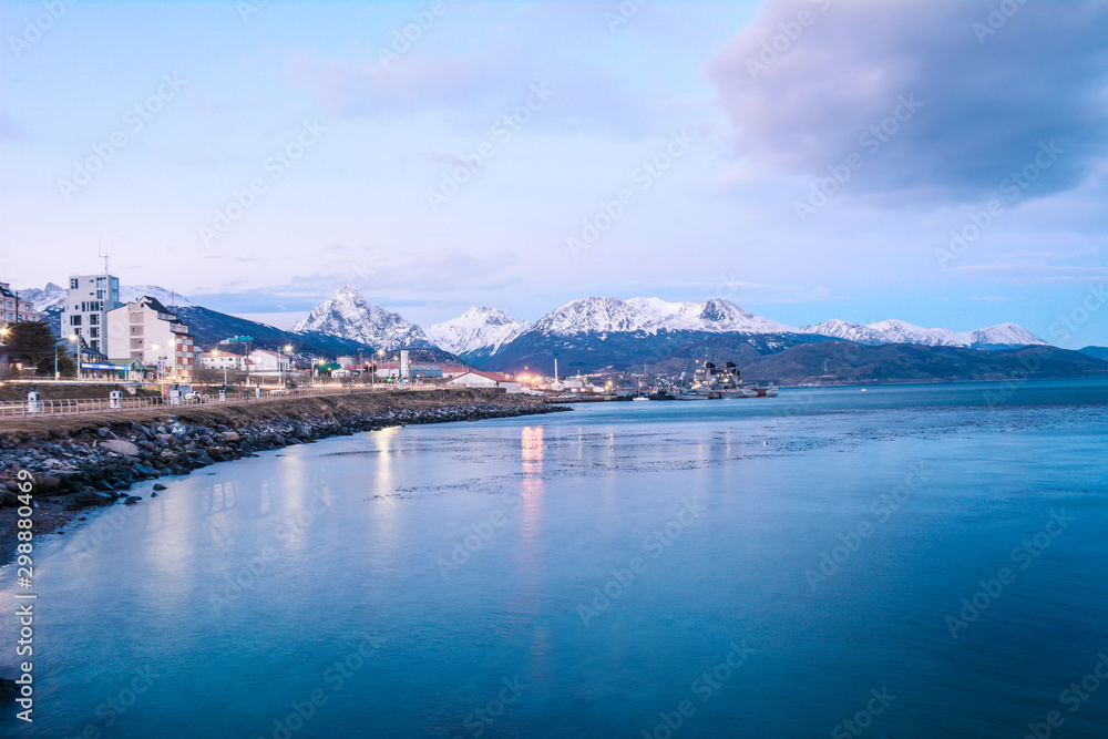 A view of Ushuaia and mountains in winter.