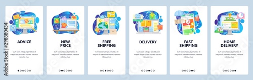 Mobile app onboarding screens. Worldwide delivery, free shipping, online store price, products comparison. Menu vector banner template for website and mobile development. Web site design illustration
