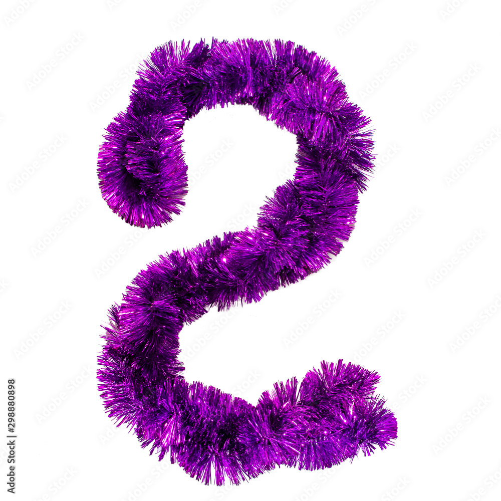 Symbol of the New Year from Christmas tinsel, holiday numbers isolated on white background.