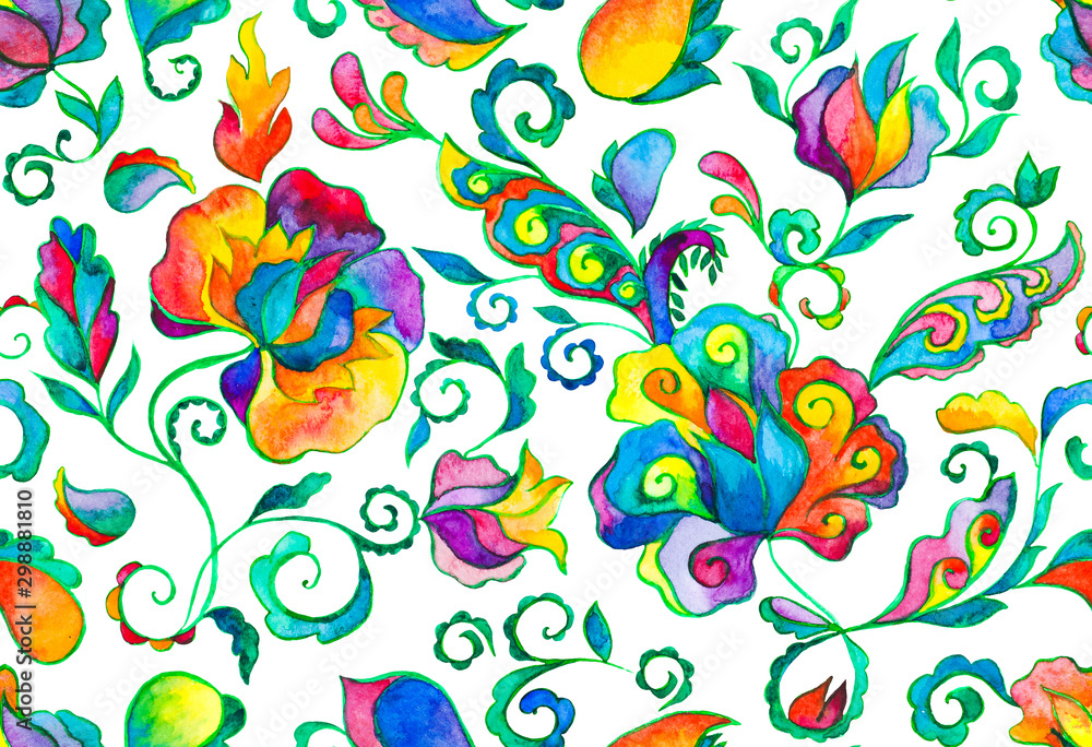 Rainbow paisley, flores, flowers, tulips, butterfly isolated on white background. Bright colorfull floral seamless pattern. Abstract indian print. Oriental traditional whimsical seamless border design