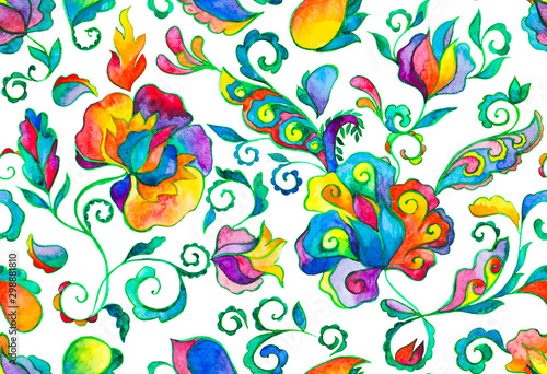 Rainbow paisley  flores  flowers  tulips  butterfly isolated on white background. Bright colorfull floral seamless pattern. Abstract indian print. Oriental traditional whimsical seamless border design
