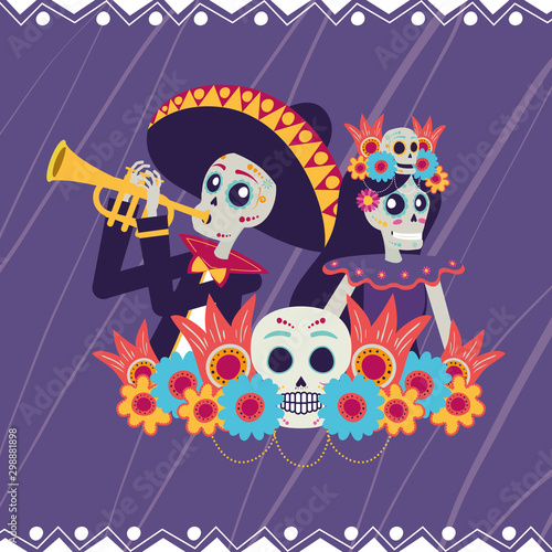 dia de los muertos card with catrina and mariachi playing trumpet