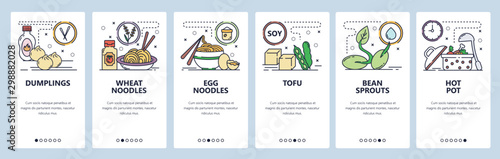 Mobile app onboarding screens. Asian noodle meals, chinese food, dumplings, tofu, hot pot. Menu vector banner template for website and mobile development. Web site design flat illustration