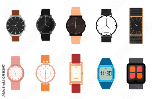 Cartoon Color Different Watches Icon Set. Vector