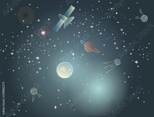 The book is about space. A child reads a book about planets under a blanket. Reading with a flashlight. Starry sky and satellites.