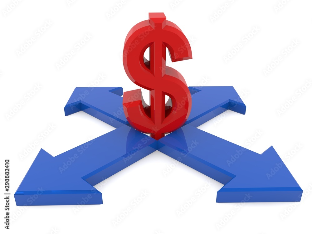 Four blue color arrows with red dollar sign Four blue color arrows with red dollar sign