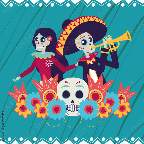 dia de los muertos card with catrina and mariachi playing trumpet