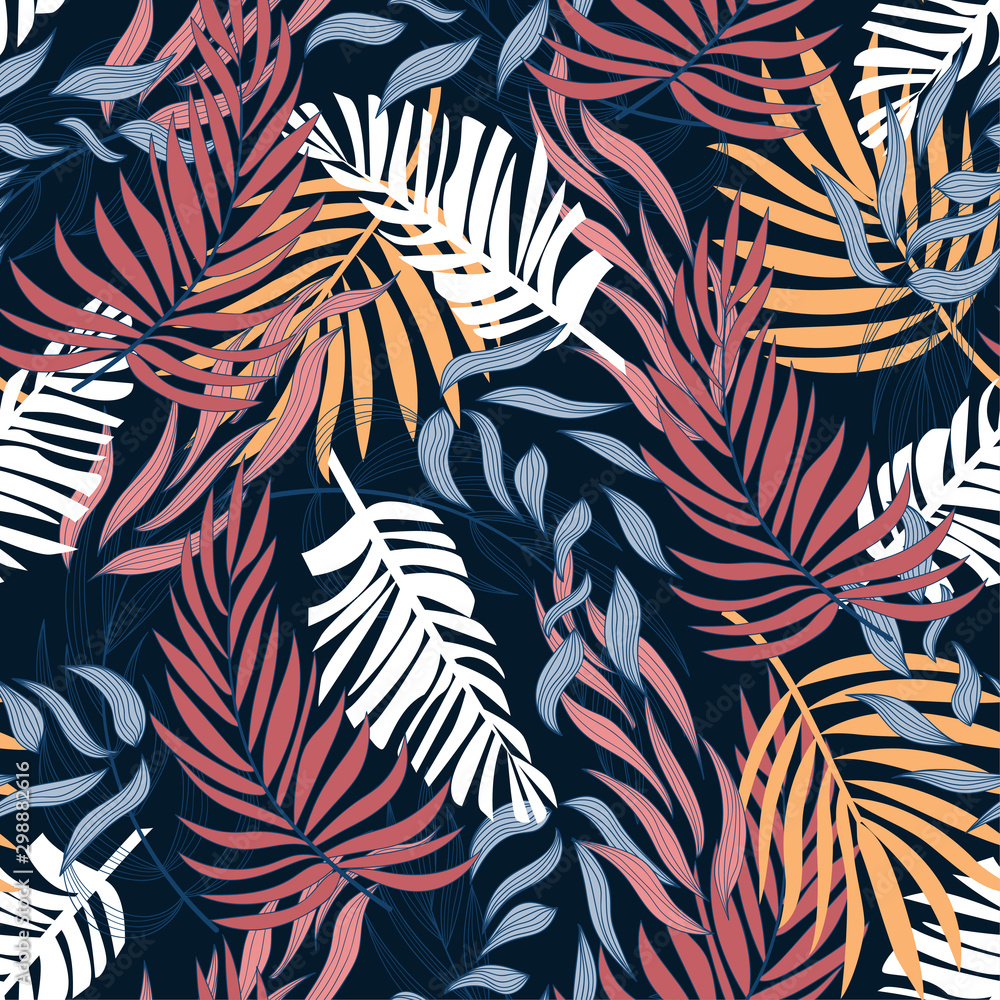 Summer seamless tropical pattern with bright red and yellow leaves and plants on a blue background. Seamless pattern with colorful leaves and plants. Beautiful print with hand drawn exotic plants.
