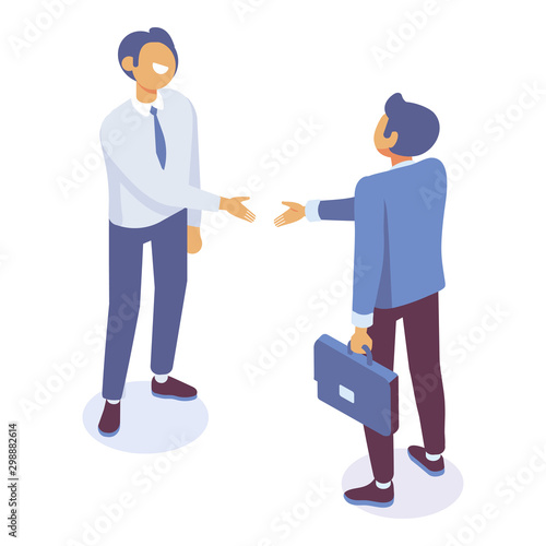 Isometric business people handshake. Partnership, deal, agreement. Vector isolated characters.