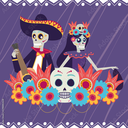 dia de los muertos card with catrina and mariachi playing guitar
