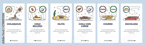 Mobile app onboarding screens. Mexican cuisine, cafe food menu, chilli, fajita, churro, chile relleno. Vector banner template for website and mobile development. Web site design flat illustration