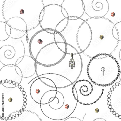 seamless pattern of silver chains, bracelets and charms, vector texture