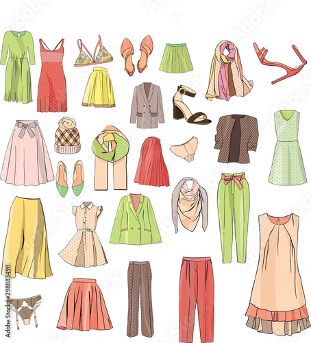 set of women's clothing: skirts, trousers, cardigans, accessories. Color illustration, vector For store, boutique ad.