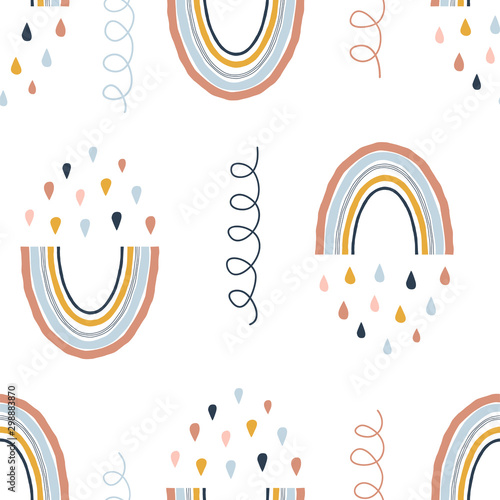 Seamless abstract pattern with hand drawn rainbows, rain drops and spring shapes. Creative scandinavian childish background for fabric, wrapping, textile, wallpaper, apparel. Vector illustration