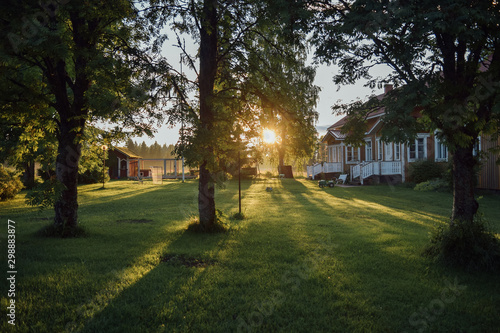 Sunny courtyard, trees, beautiful house, lawn and doghouse, summer evening in Multia, Finland
