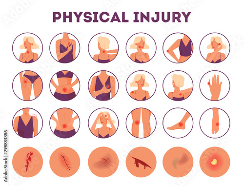Set of vector illustration of body injury. Isolated cartoon style collection