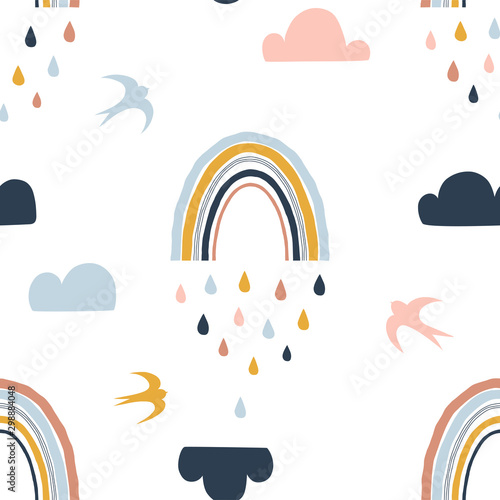 Seamless abstract pattern with hand drawn rainbows, rain drops, clouds and criss-cross. Creative scandinavian childish background for fabric, wrapping, textile, wallpaper, apparel. Vector illustration