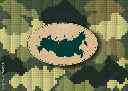 Military camouflage with leather label. Outline of Russia on leather sticker. Knitted pattern and camouflage background. Vector lettering illustration for fashion textile and fabric. EPS 10