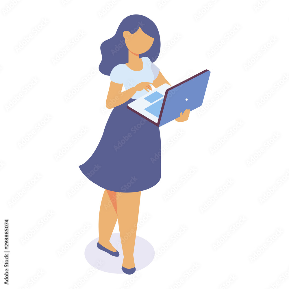 Pretty Isometric girl in a skirt standing with a laptop . Isometric vector isolated illustration. Pretty Isometric girl in a skirt standing with a laptop . Isometric vector isolated illustration.