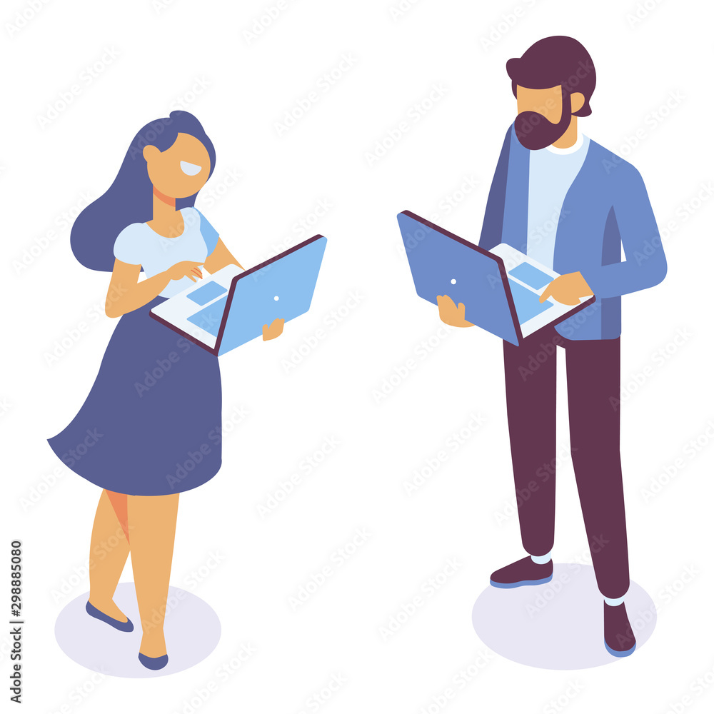Isometric couple bearded man in suit and young smiling woman standing with a laptop. Isometric vector isolated illustration. Isometric couple bearded man in suit and young smiling woman standing with a laptop. Isometric vector isolated illustration.
