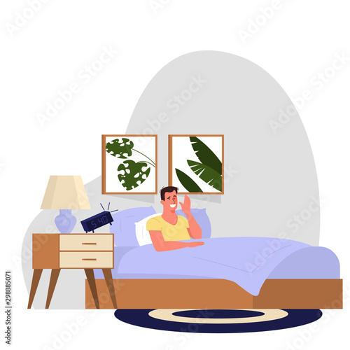 Daily routine of a man. Guy waking up in the morning.
